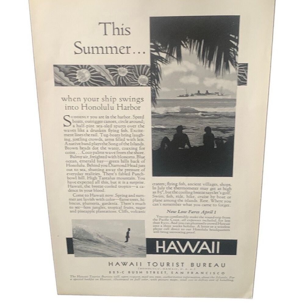 Vintage 1932 Hawaii Tourist Bureau This Summer Ad Advertisement